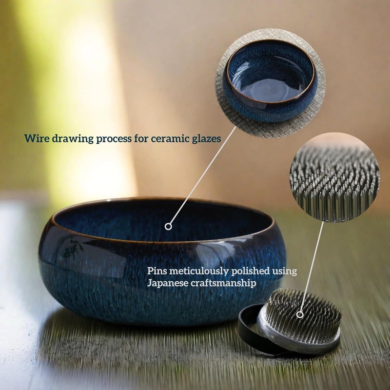FLARINGEXTRA1 Water Lotus Bowl Planter Kit - Japanese Compote Bowl Ikebana Vase Set w/ 1.8" Floral Frog- Ideal for Ikebana, Flower Arrangement & Hydroponic Planting (Blue) - Image 3